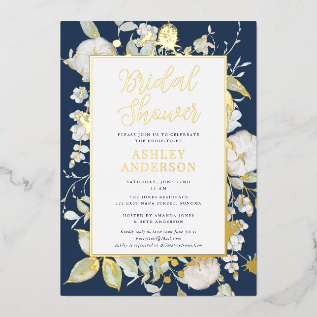 Invitación Con Relieve Metalizado Gorgoge Navy Blue Botanal Bridal Shower Gold (Anverso)