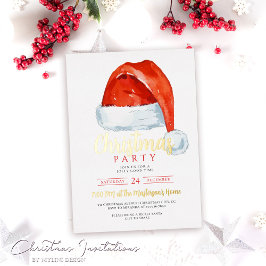 Invitación Con Relieve Metalizado Gorra de Santa Roja Festiva Fiesta de Navidad
