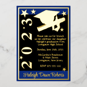 Invitación Con Relieve Metalizado Gorras, Diploma y Estrellas, Azul Real, Negro y Do