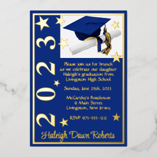 Invitación Con Relieve Metalizado Gorras, Diploma y Estrellas, Graduación Azul Real 