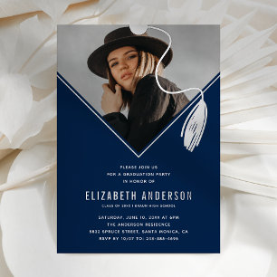 Invitación Con Relieve Metalizado Gorrito de borla azul plateado Fiesta de graduació