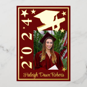 Invitación Con Relieve Metalizado Gorrito de foto, diploma, estrellas, graduación ro