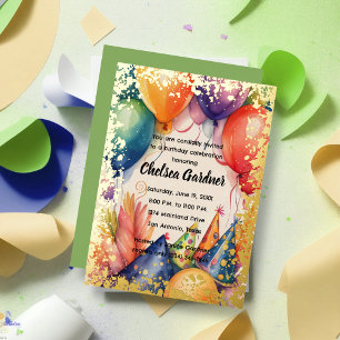 Invitación Con Relieve Metalizado Gorros de fiesta coloridos globos de cumpleaños de