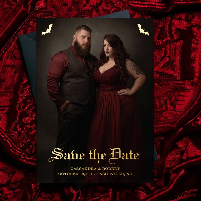 Invitación Con Relieve Metalizado Gothic Wedding Bats Full Photo Save the Date (Subido por el creador)