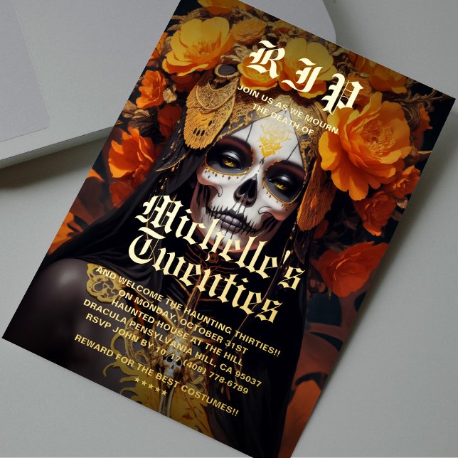 Invitación Con Relieve Metalizado Gótico 30° cumpleaños Rosa Naranja negra Lady Skul (Gothic 30th Birthday Black Orange Rose Lady Skull Foil Invitation
)