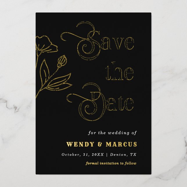 Invitación Con Relieve Metalizado Gótico de guión retro Boda oscuro estético real (Anverso)