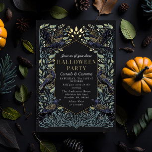 Invitación Con Relieve Metalizado Gótico embrujado Cuervo Floral Halloween