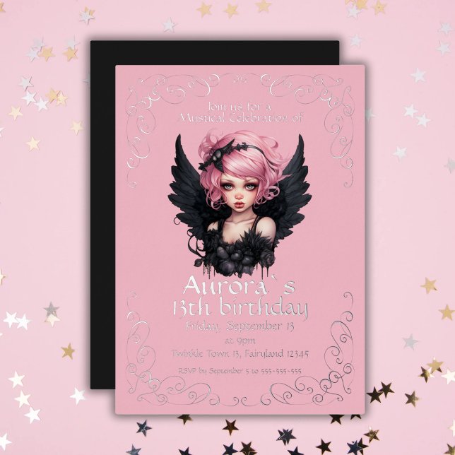 Invitación Con Relieve Metalizado Gótico Pastel Negro Y Rosa Leche 13 Años (Subido por el creador)