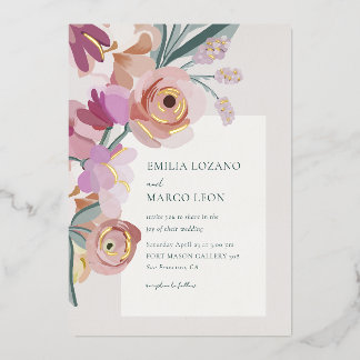 Invitación Con Relieve Metalizado Gouache Blossoms