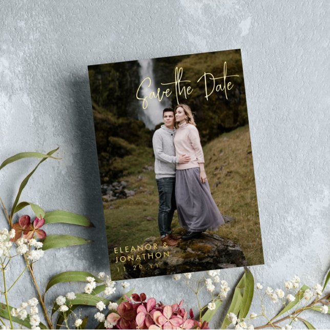 Invitación Con Relieve Metalizado Grabación de firma de oro Foto Guardar fecha (Subido por el creador)