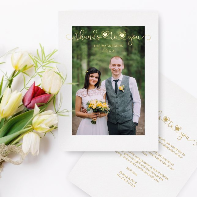 Invitación Con Relieve Metalizado Gracias Boda Golden Heart Whimsical Script (Subido por el creador)