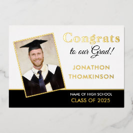Invitación Con Relieve Metalizado Grad 2023 Announcement Gold Foil Photo White Black