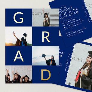 Invitación Con Relieve Metalizado GRAD BLOQUES DE COLOR MULTIFOTO AZUL Oro