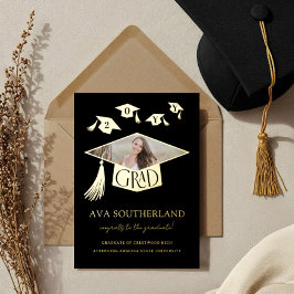 Invitación Con Relieve Metalizado Grad Cap Tassel Foto Graduación Relieve metalizado