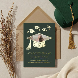 Invitación Con Relieve Metalizado Grad Cap Tassel Foto Graduación Relieve metalizado