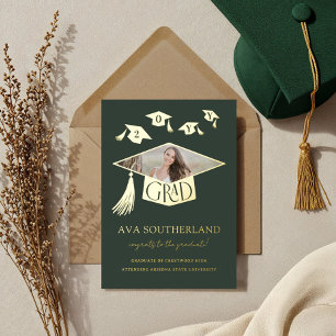 Invitación Con Relieve Metalizado Grad Cap Tassel Foto Graduación Relieve metalizado