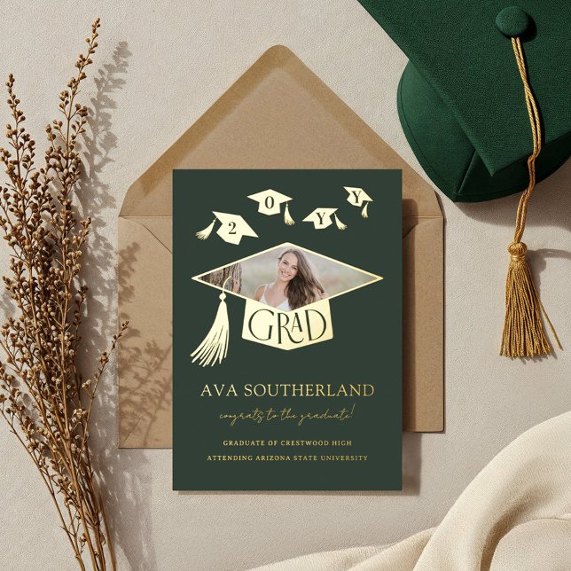 Invitación Con Relieve Metalizado Grad Cap Tassel Foto Graduación Relieve metalizado (Grad Cap Tassel Photo Graduation Foil Announcement)