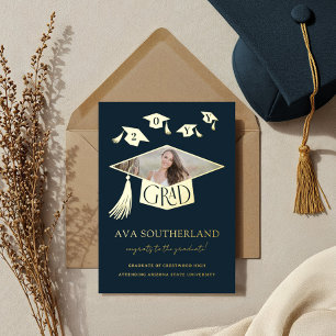 Invitación Con Relieve Metalizado Grad Cap Tassel Foto Graduación Relieve metalizado