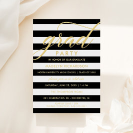 Invitación Con Relieve Metalizado Grad Fiesta Modern Black Stripes Gold