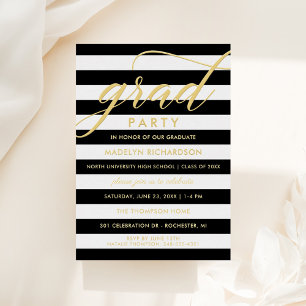 Invitación Con Relieve Metalizado Grad Fiesta Modern Black Stripes Gold