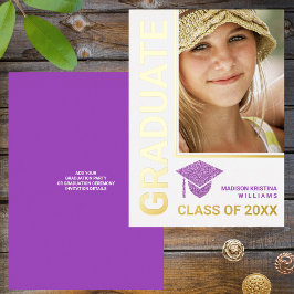 Invitación Con Relieve Metalizado Grad Glam Purple Cap Stylish Graduate Photo