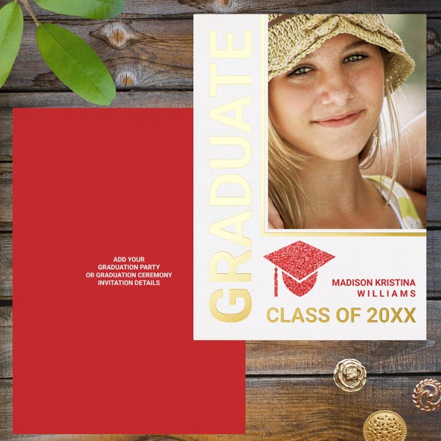 Invitación Con Relieve Metalizado Grad Glam Red Cap Stylish Graduate Photo (Subido por el creador)