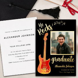 Invitación Con Relieve Metalizado Grad Photo Music Graduation Party Black and Gold