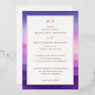 Invitación Con Relieve Metalizado Gradiente de Puesta de Sol Púrpura Elegante