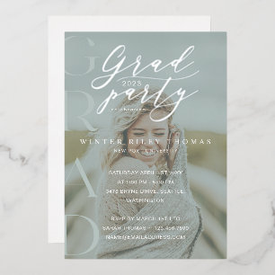 Invitación Con Relieve Metalizado Grado de fotografía verde mínimo Fiesta caligrafía