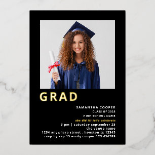 Invitación Con Relieve Metalizado Grado simple 2025 Graduación fotográfica Black Gol