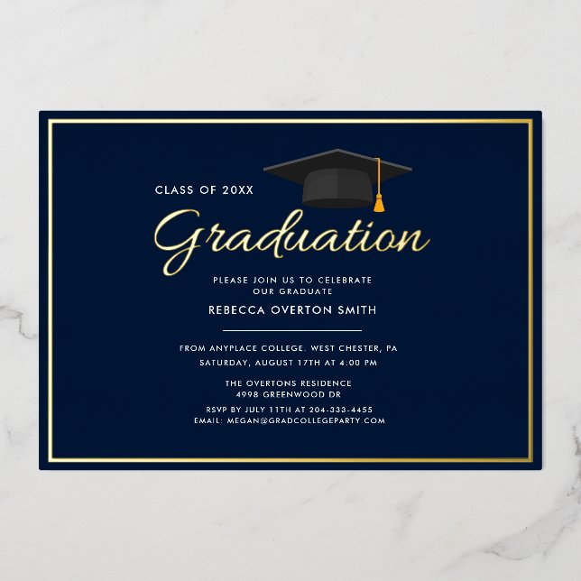 Invitación Con Relieve Metalizado Graduación 2024 Oro Fiesta de la licenciatura azul (Anverso)