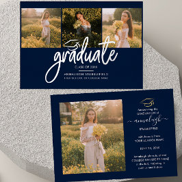 Invitación Con Relieve Metalizado Graduación 2025 Collage de fotos Script Navy Silve