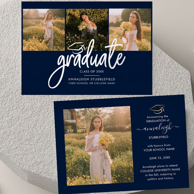 Invitación Con Relieve Metalizado Graduación 2025 Collage de fotos Script Navy Silve (Graduation 2025 Script Photos Navy Blue Silver Foil Announcement)