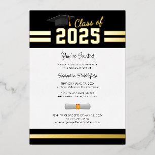 Invitación Con Relieve Metalizado Graduación 2025 Grad Fiesta Gold