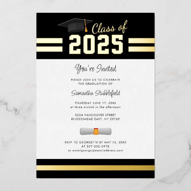 Invitación Con Relieve Metalizado Graduación 2025 Grad Fiesta Gold (Anverso)