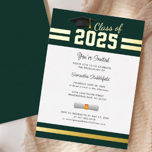 Invitación Con Relieve Metalizado Graduación 2025 Green Grad Fiesta Gold