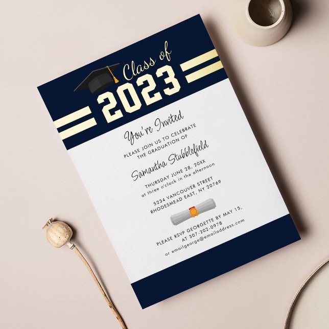 Invitación Con Relieve Metalizado Graduación 2025 Oro Fiesta de graduación del Navy  (Subido por el creador)