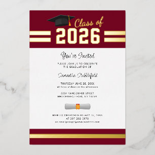 Invitación Con Relieve Metalizado Graduación 2026 Fiesta de Graduación de Burgundy S