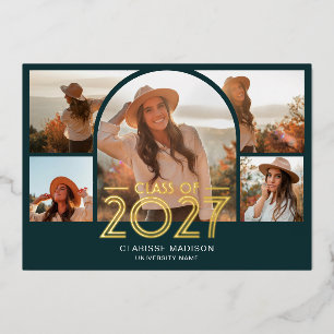 Invitación Con Relieve Metalizado Graduación 2027 Arco Vintage 6 Foto Verde Aguamari