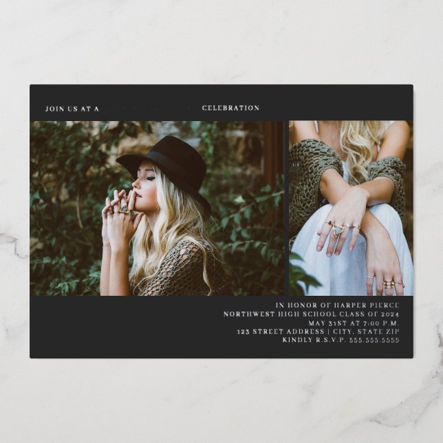 Invitación Con Relieve Metalizado Graduación 2 Línea fotográfica Arte gris oscuro (Anverso)