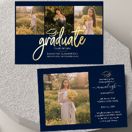 Invitación Con Relieve Metalizado Graduación 4 Collage de fotos Script Navy Gold