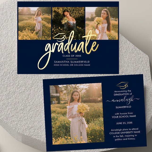Invitación Con Relieve Metalizado Graduación 4 Collage de fotos Script Navy Gold (Graduation 2025 Script Photos Gold Foil Announcement)