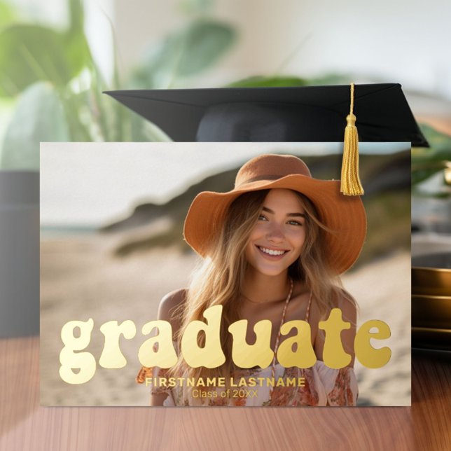 Invitación Con Relieve Metalizado Graduación 4 Foto Retro Funky Gold Fiesta (Graduation Party Invitation with Multiple Photos)