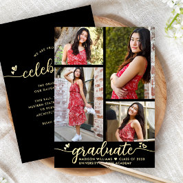 Invitación Con Relieve Metalizado Graduación 4 Photo Modern Script Black Real Gold
