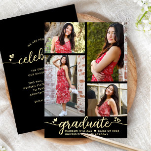 Invitación Con Relieve Metalizado Graduación 4 Photo Modern Script Black Real Gold