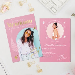 Invitación Con Relieve Metalizado Graduación con Brillo Rosa Moderno y Retro