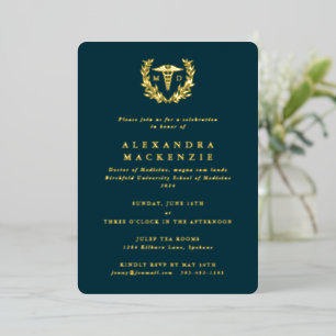 Invitación Con Relieve Metalizado Graduación con Caduceo MD y Corona de Laurel en Ve