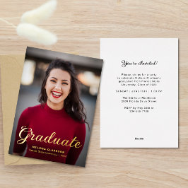 Invitación Con Relieve Metalizado Graduación con Foto de Letra Dorada Formal y Elega
