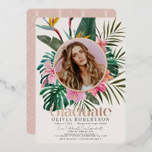 Invitación Con Relieve Metalizado Graduación con Foto Floral Tropical y Botánica