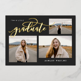 Invitación Con Relieve Metalizado Graduación con guión simple Collage de 3 fotos Fie